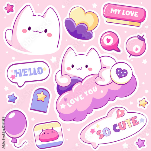 Set of stickers with heart and little cat in kawaii style. Cute eye-catching Valentine day tag collection in pink colors with cute kitty, bubble speech, hearts and stars. Vector illustration EPS8