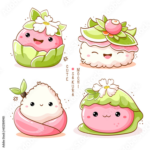 Stack of cute sakura mochi in kawaii style. Japanese traditional cuisine dish confectionery wrapped in cherry leaves. Can be used for t-shirt print, sticker, greeting card, menu design