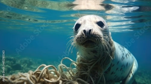 A sea seal swimming underwater with garbage and remnants of fishing nets, Environmental disaster in sea.