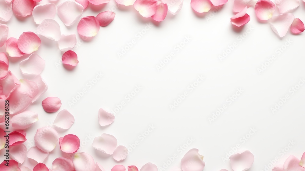 A composition of flowers. Rose flower petals on white background. Valentine's Day, Mother's Day concept. Flat lay, top view, copy spac
