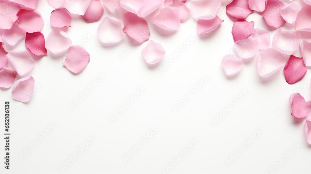 A composition of flowers. Rose flower petals on white background. Valentine's Day, Mother's Day concept. Flat lay, top view, copy spac A composition of flowers. Rose flower petals on white background. Valentine's Day, Mother's Day concept. Flat lay, top view, copy spac