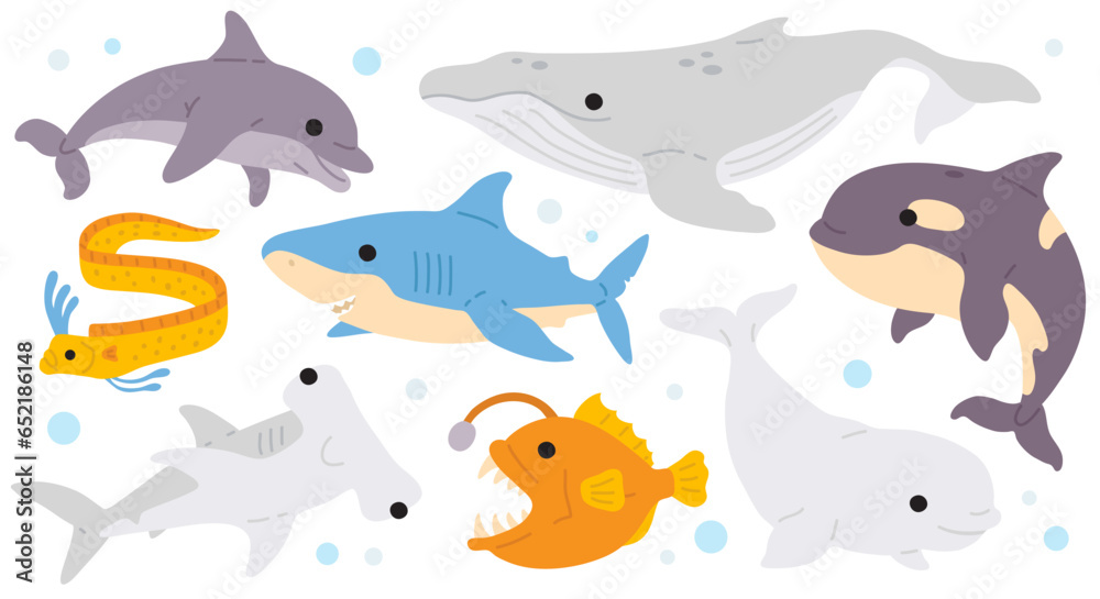 Naklejka premium Vector illustration set of cute doodle underwater animal for digital stamp,greeting card,sticker,icon,summer design