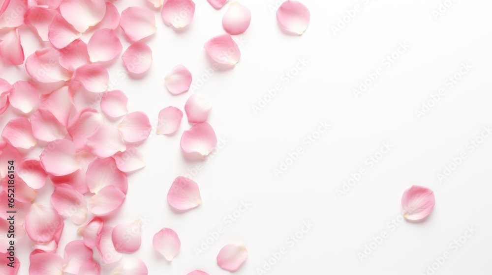 A composition of flowers. Rose flower petals on white background. Valentine's Day, Mother's Day concept. Flat lay, top view, copy spac A composition of flowers. Rose flower petals on white background. Valentine's Day, Mother's Day concept. Flat lay, top view, copy spac