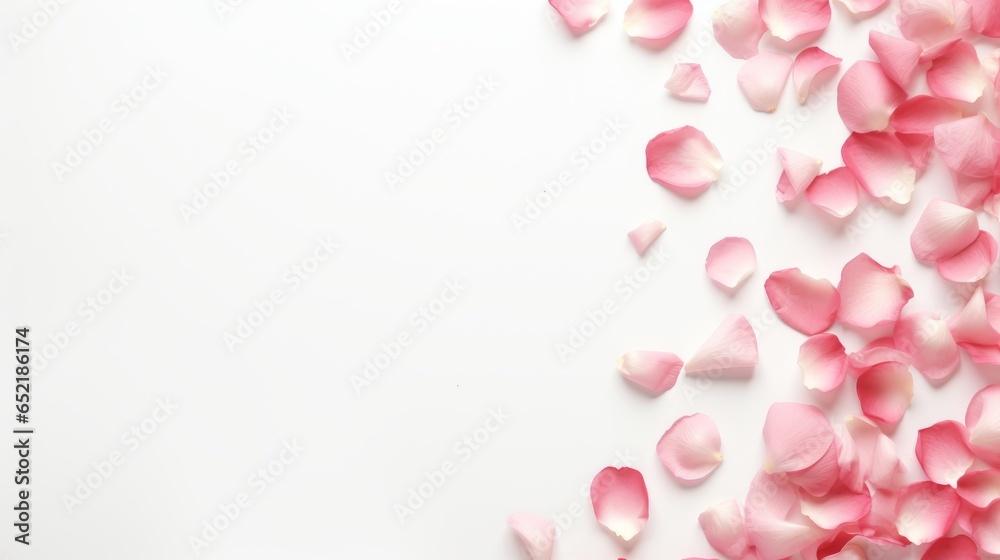 A composition of flowers. Rose flower petals on white background. Valentine's Day, Mother's Day concept. Flat lay, top view, copy spac