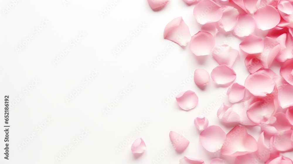 A composition of flowers. Rose flower petals on white background. Valentine's Day, Mother's Day concept. Flat lay, top view, copy spac