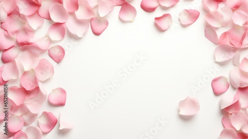 A composition of flowers. Rose flower petals on white background. Valentine's Day, Mother's Day concept. Flat lay, top view, copy spac