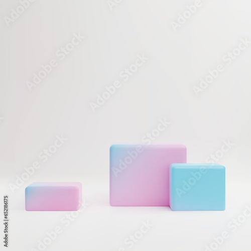 Gradient 3D podium stands, three square pedestals, cubes, vector volumetric scene mockup for product stage showcase