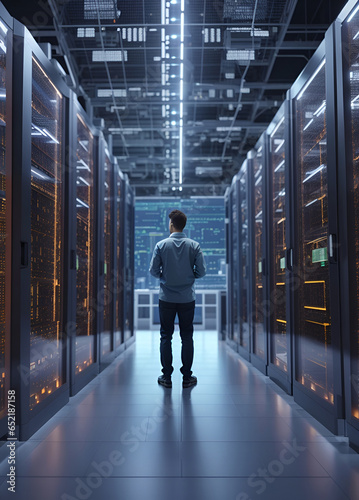 a worker navigates a maze of towering data storage systems with laptop in hand, demonstrating the dynamic role of human oversight in the day-to-day operations of a high-tech data center