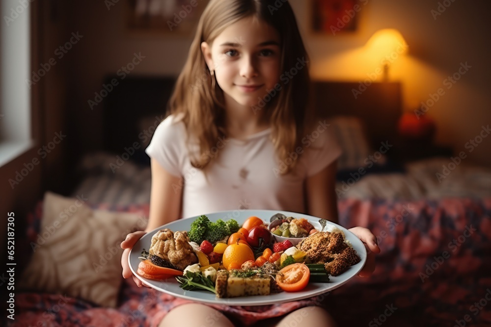 Girl Holding Plate of Food on Bed