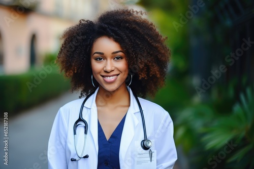 Afro american female doctor smiling in white coat in hospital. photo