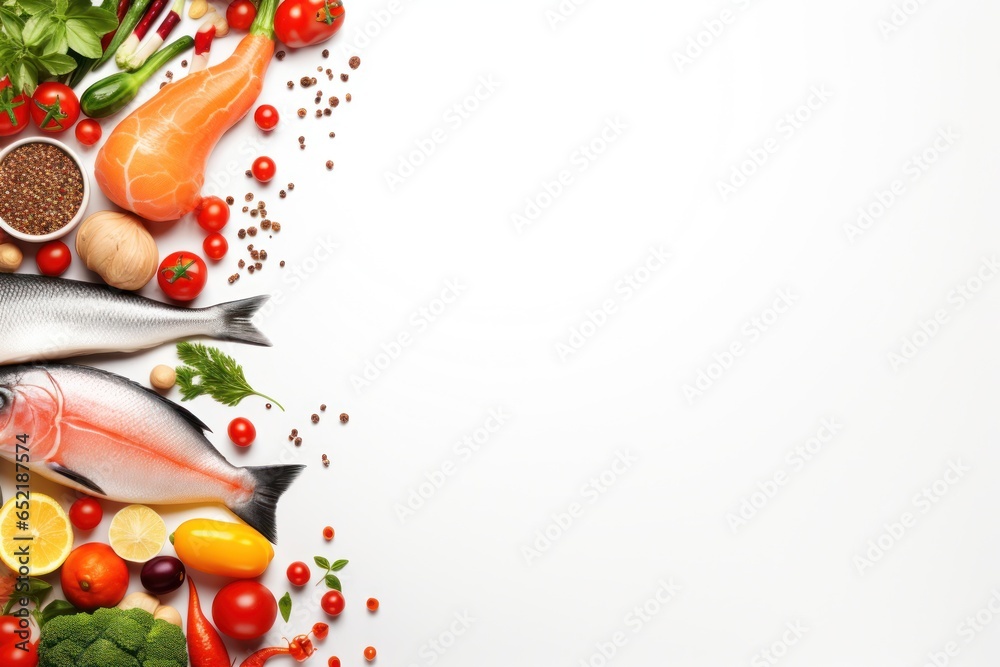 Fish, Vegetables, and Spices on White Surface Fish, Vegetables, and Spices on White Surface