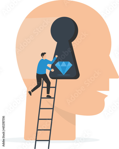 Self discovery, Finding yourself searching for self value, success, dream or meaning of life, exploration, inner or inside, Succeeds in finding a valuable diamond inside his head

