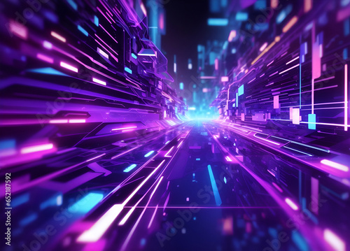 A mesmerizing holographic world emerges  bathed in shades of purple and blue  where intricate data waves intertwine and form a complex network  illustrating the interconnectedness of our digital unive
