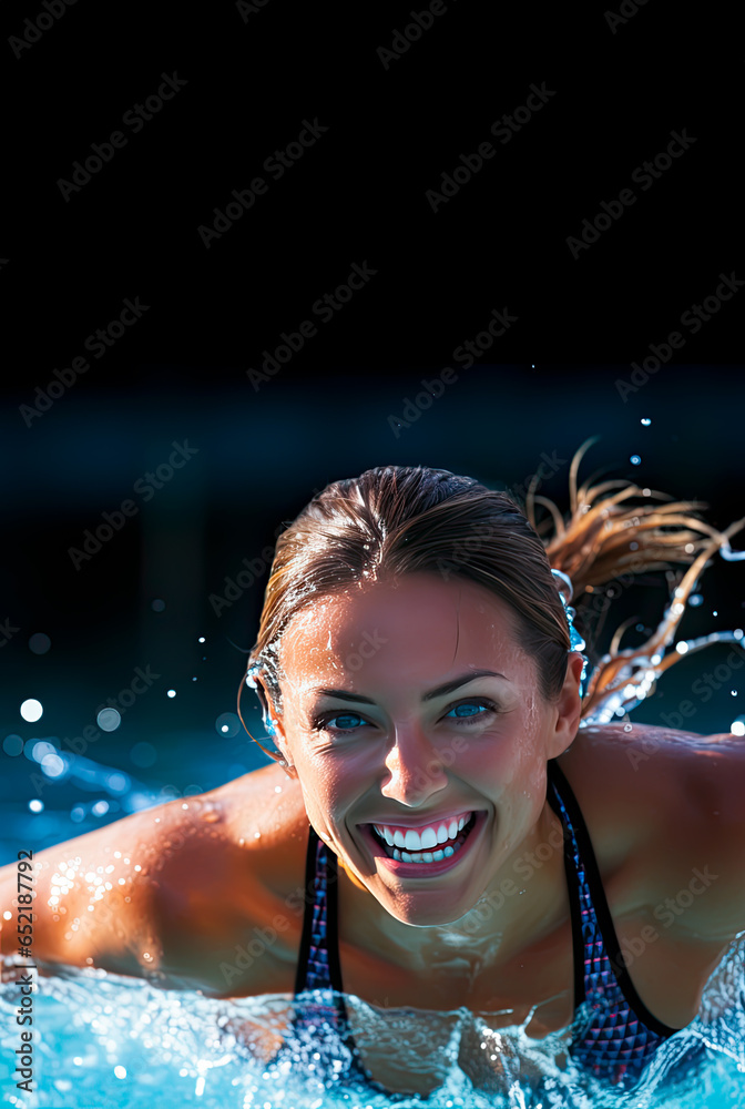 Female Swimmer in a pool during training or competition. Athletic and sporty. Concept of swimming as a sport, close up with copy space. Shallow field of view.
