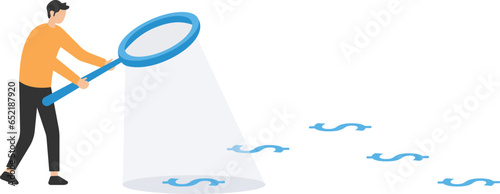 Searching for investment opportunities, financial success or salary raise, inspecting ways to make profit and earning, Magnifiers inspect and follow money coins trail

