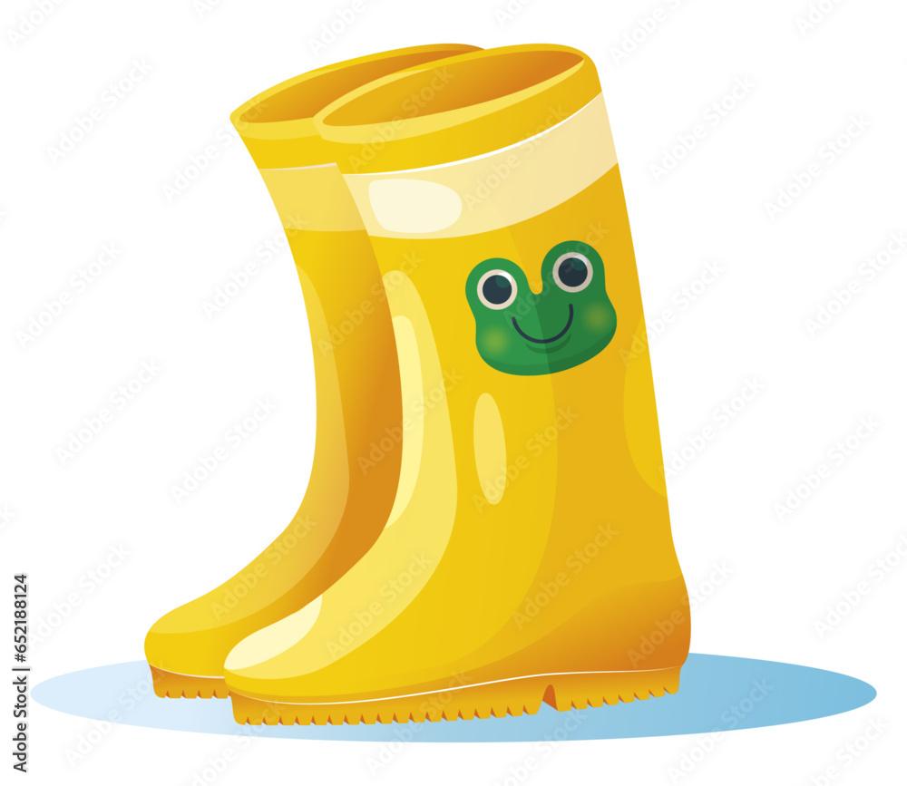 Paire de bottes de pluie jaunes décorée avec une grenouille verte, illustration vectorielle pour la météo, le climat.
