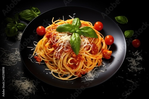 Spaghetti and Tomatoes on a Black Plate