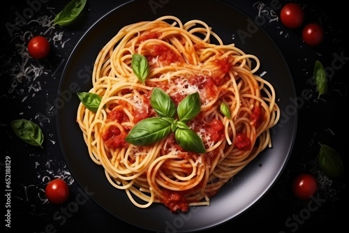 Plate of Spaghetti with Tomato Sauce and Basil Leaves