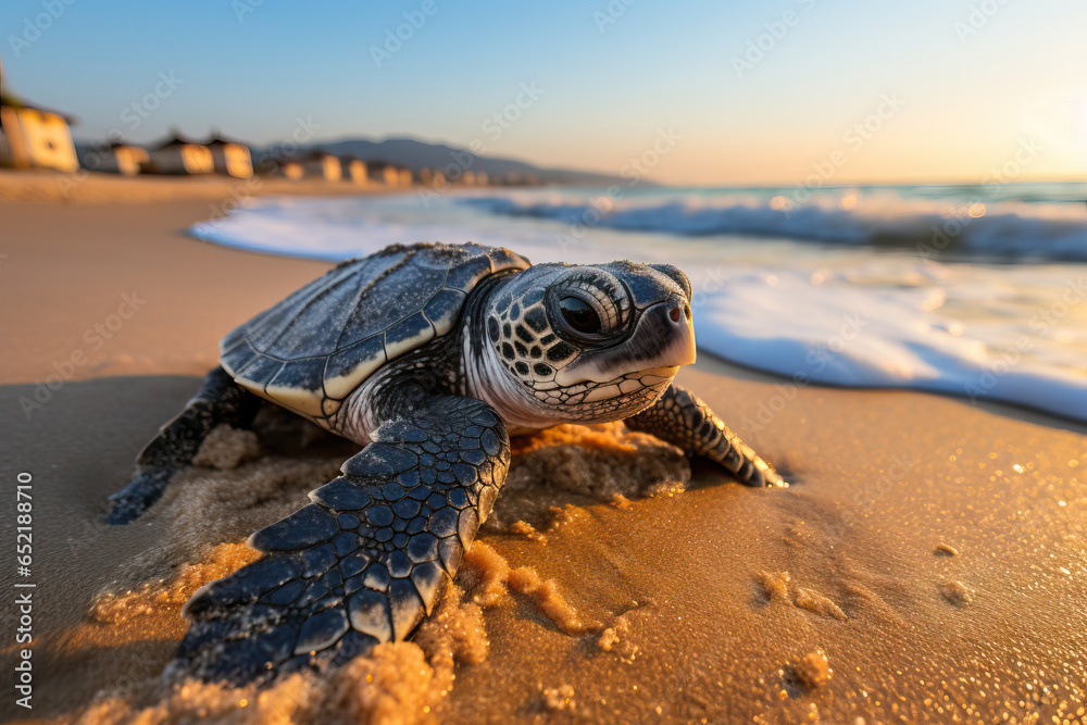 A small turtle crawls on a sandy beach at dawn