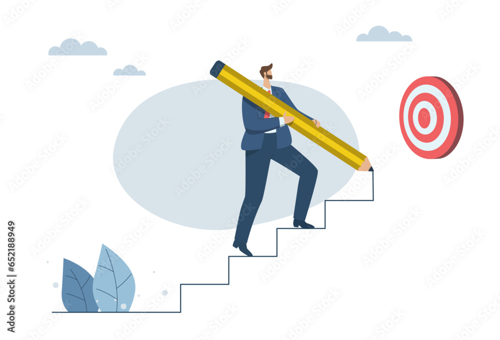 Road to success, business goals or future success, efforts to develop a business concept, Businessman uses a pencil draw a ladder and walk up to the goal. Vector design illustration. Road to success, business goals or future success, efforts to develop a business concept, Businessman uses a pencil draw a ladder and walk up to the goal. Vector design illustration.