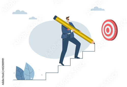 Road to success, business goals or future success, efforts to develop a business concept, Businessman uses a pencil draw a ladder and walk up to the goal. Vector design illustration.