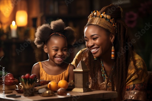 an African woman with a child in national costumes at a festive table. Kwanza