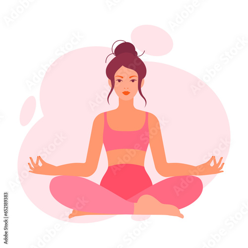 Calm woman with crossed legs meditating in yoga lotus position. Meditation practice. Zen and harmony concept. Colored flat vector illustration on white background