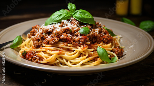 Spaghetti bolognese with mint and garlic