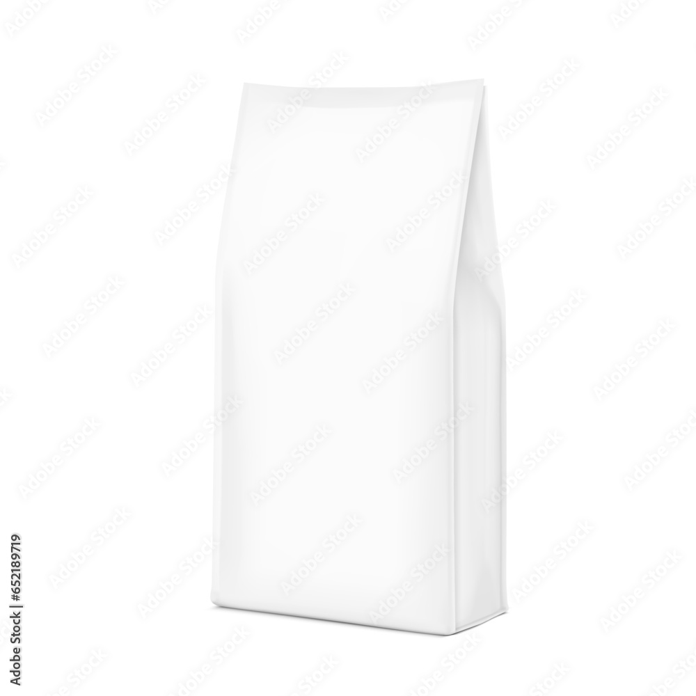 Vertical bag mockup. Flat bottom gusset bag. Front view. High realistic. Vector illustration isolated on grey background. Ready for use in presentation, promo, advertising and more. EPS10. Vertical bag mockup. Flat bottom gusset bag. Front view. High realistic. Vector illustration isolated on grey background. Ready for use in presentation, promo, advertising and more. EPS10.