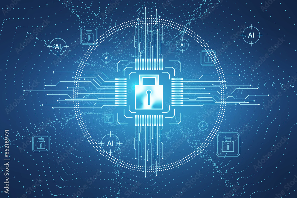 Naklejka premium Creative glowing padlock hologram on blurry backdrop with various icons and circuit. Safety, chip and security concept. 3D Rendering.