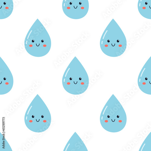 Vector water seamless pattern with cute water drops. Trendy print with waterdrop with face on white background. Wrapping pattern design. Drink more water.