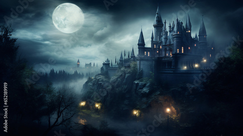 Spooky old gothic castle foggy night haunted mansion © Arima