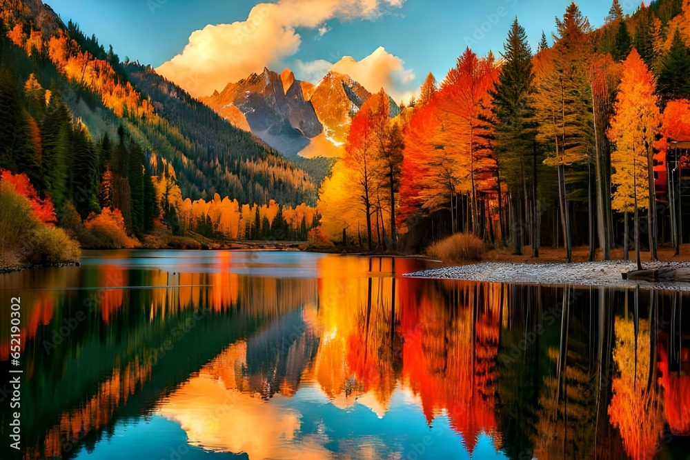 Obraz premium A breathtaking lake surrounded by trees with the tranquil waters reflecting the beauty of the setting sun.