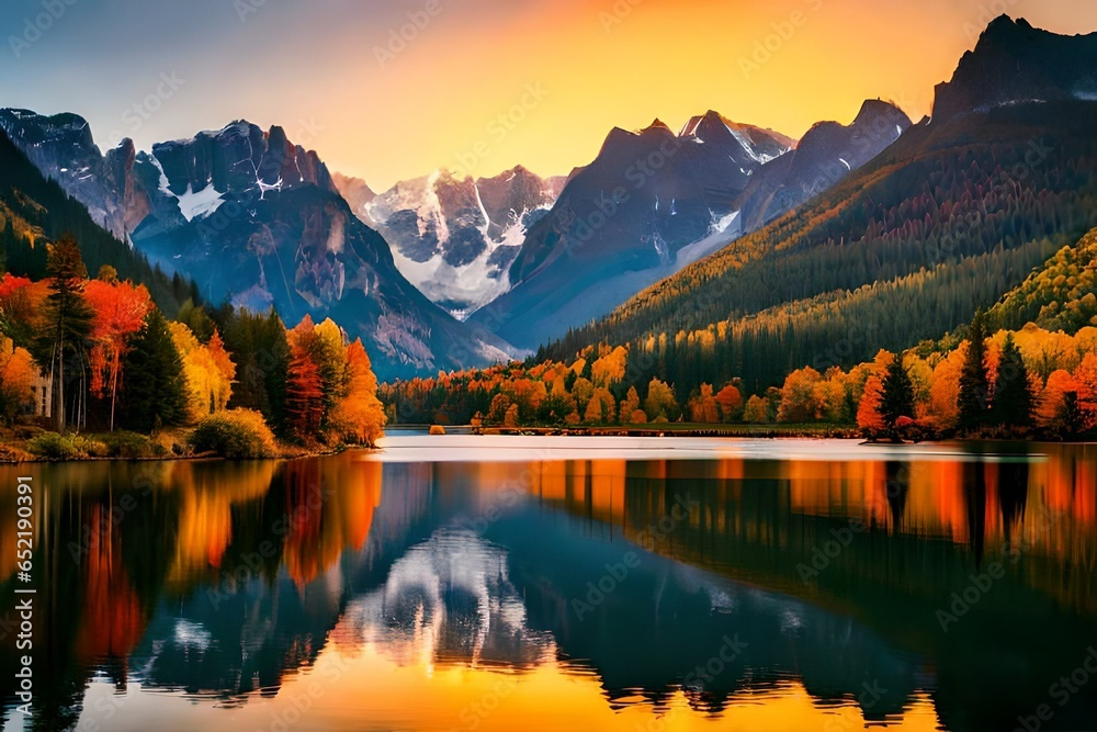 A magical autumn evening at a stunning lake, where the beautiful  colors of the season come alive under the  light of the setting sun.