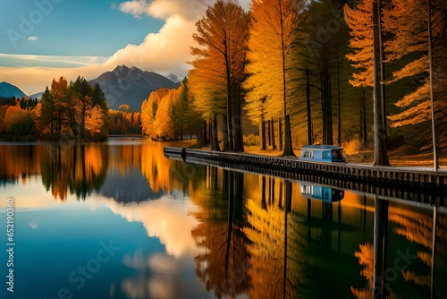 A serene autumn evening by the side of a lake, where the sun's golden rays create magical atmosphere over the water.
