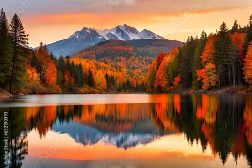 A breathtaking lake surrounded by trees adorned in the colors of fall, with the waters reflecting the beauty of the setting sun. 