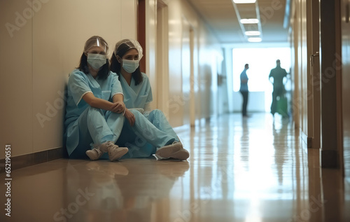 Sad, Two doctors sit in corridor of medical facility, Medical error during operations concept. © visoot