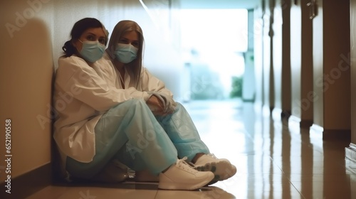 Sad, Two doctors sit in corridor of medical facility, Medical error during operations concept.