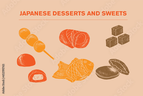 Japanese dessert collection, set isolated on white, asian food menu, vector illustration. Asian sweets, ice cream and cake. Dessert cafe in Japan, sweet oriental treats, traditional food assortment