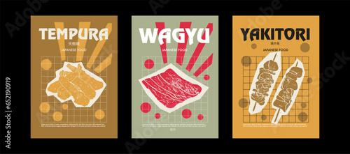 Japanese tempura, wagyu, yakitori. Price tag or poster design. Set of vector illustrations. Typography. Engraving style. Labels, cover, t-shirt print, painting.