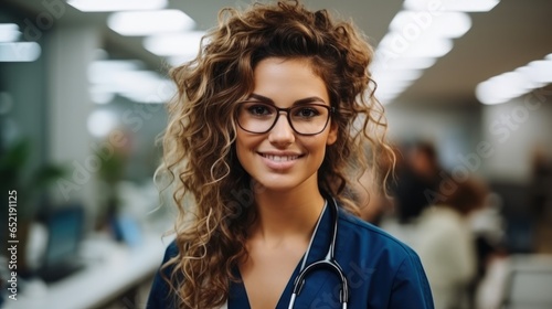 Woman doctor wearing glasses smiling in clinic office for consultation support and services with management and insurance for patient. photo