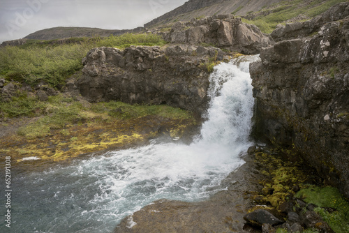 Gongumannafoss waterfall decends dramatically over a vertical cliff surrounded by tundra vegetation with a cloudy sky in the background