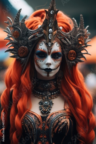 Woman wearing horns devil makeup at a festival.