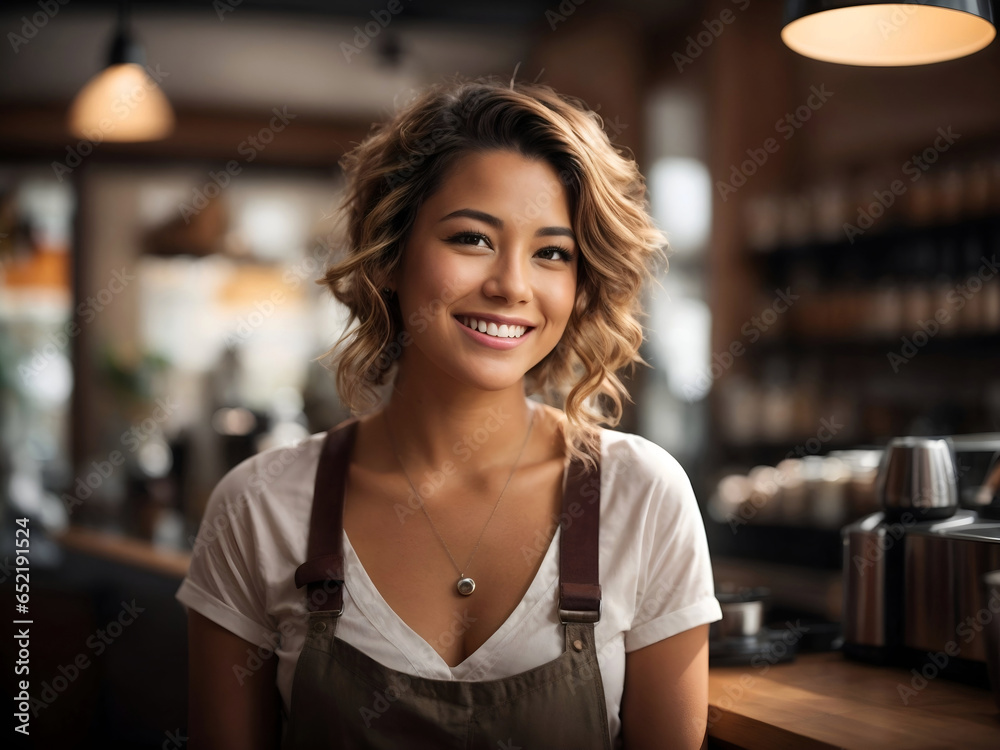 Happy young woman - coffee shop owner, barista standing in her cafe, confident entrepreneur, small business owner. Happy young woman - coffee shop owner, barista standing in her cafe, confident entrepreneur, small business owner.