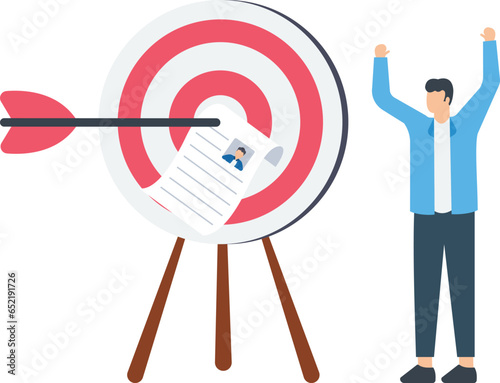 Recruitment target, choosing best candidate to fill in job vacancy, Human Resources find perfect talent for interview, Chosen candidate resume paper


