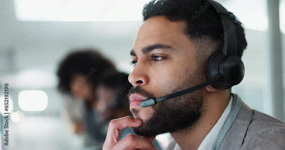 Employee, customer service and working in call center, thinking and Indian man with consulting. Receptionist, technology and communication with crm, corporate or businessman in telemarketing industry