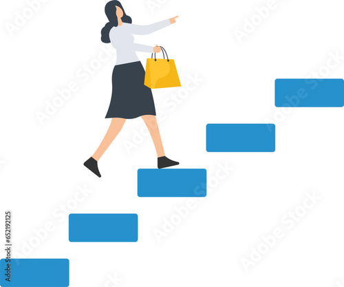 Customer lifetime value, calculation or key metric to analyze cost to acquire new customer, Advertising or marketing cost, Shopping bags walk on CLV graph and chart

