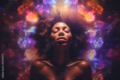 a black woman with his eyes closed, against the background of astral, spiritual radiance. Physical waves and self-knowledge
