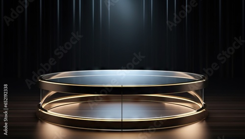 rounded golden circular table 3dmodel in dark interior, in the style of futuristic photo