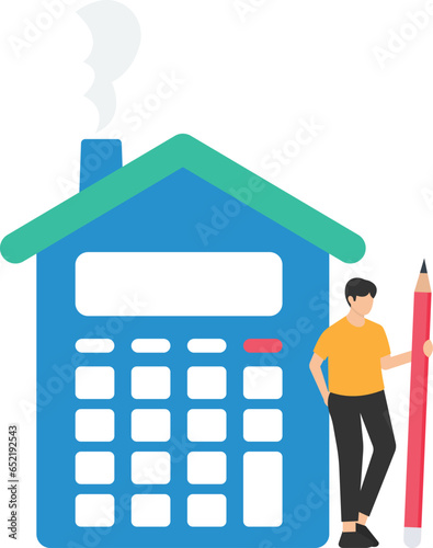 House mortgage calculation, Residential budget insurance, Real estate investment or home refinance money, businessman holding pencil with house calculator

